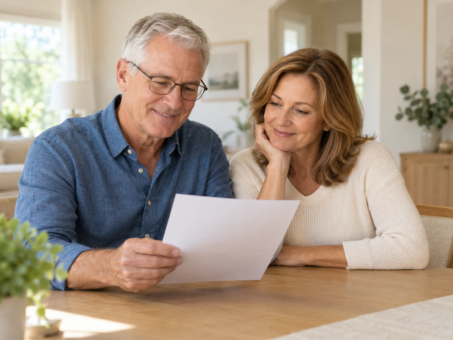 A white couple reviewing paperwork together at home