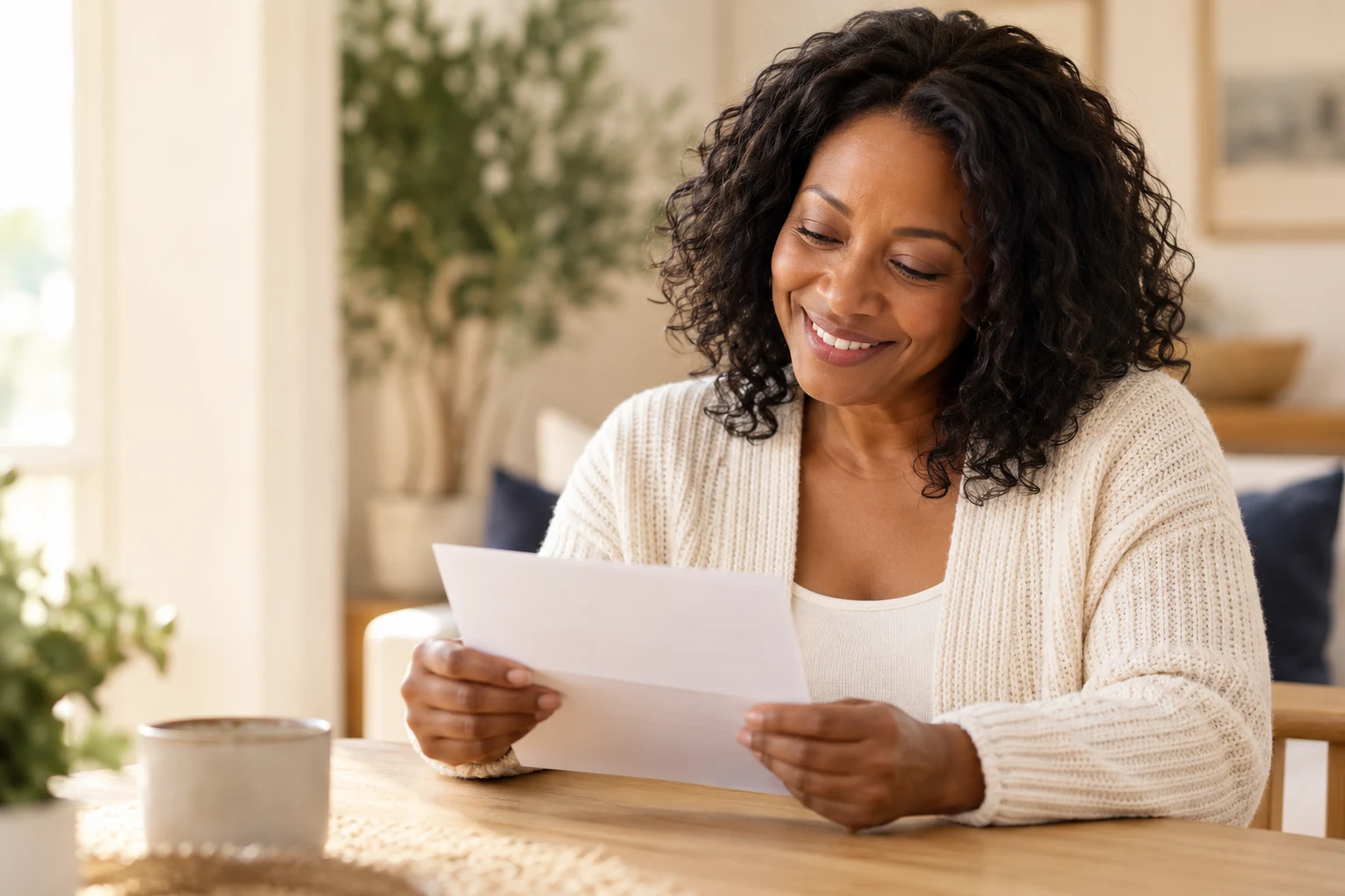 A woman reading a letter at home